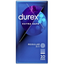 The front of a blue Durex Extra Safe condom box. It features a circular graphic of purple and blue light bokeh at the top. Text indicates "Regular Fit" and contains 10 condoms.