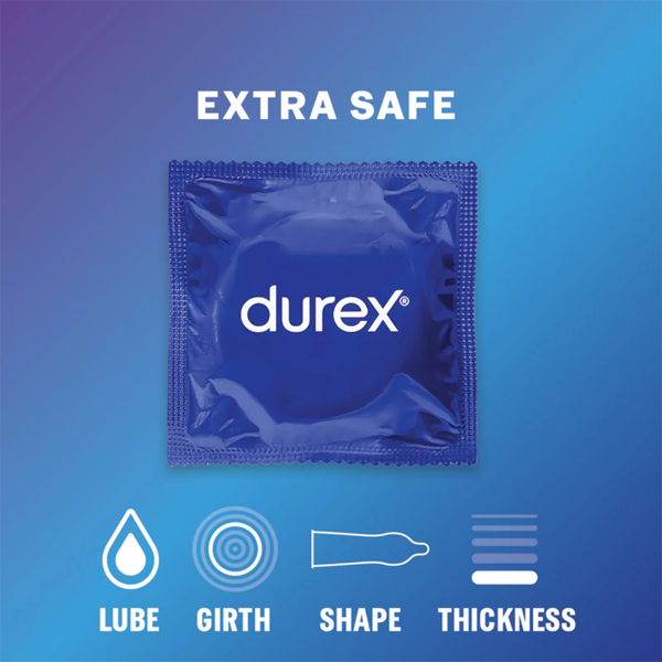 A promotional graphic on a blue gradient background showing a single blue foil condom wrapper labeled "durex." Below the wrapper are four icons representing features: a teardrop for "Lube," concentric circles for "Girth," a condom silhouette for "Shape," and a stacked bar for "Thickness.
