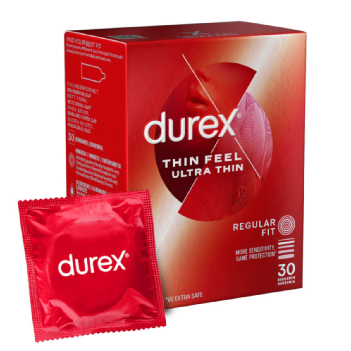An angled image of the red Durex Thin Feel Ultra Thin 30-pack box standing behind a single red foil condom wrapper labeled "durex." The box lists features like "Regular Fit" and "More Sensitivity, Same Protection. Hauptbild
