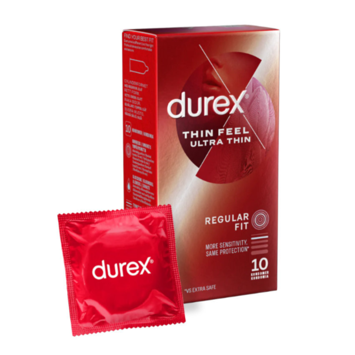An angled image of the red Durex Thin Feel Ultra Thin 10-pack box standing behind a single red foil condom wrapper labeled "durex." The box lists features like "Regular Fit" and "More Sensitivity, Same Protection. Hauptbild
