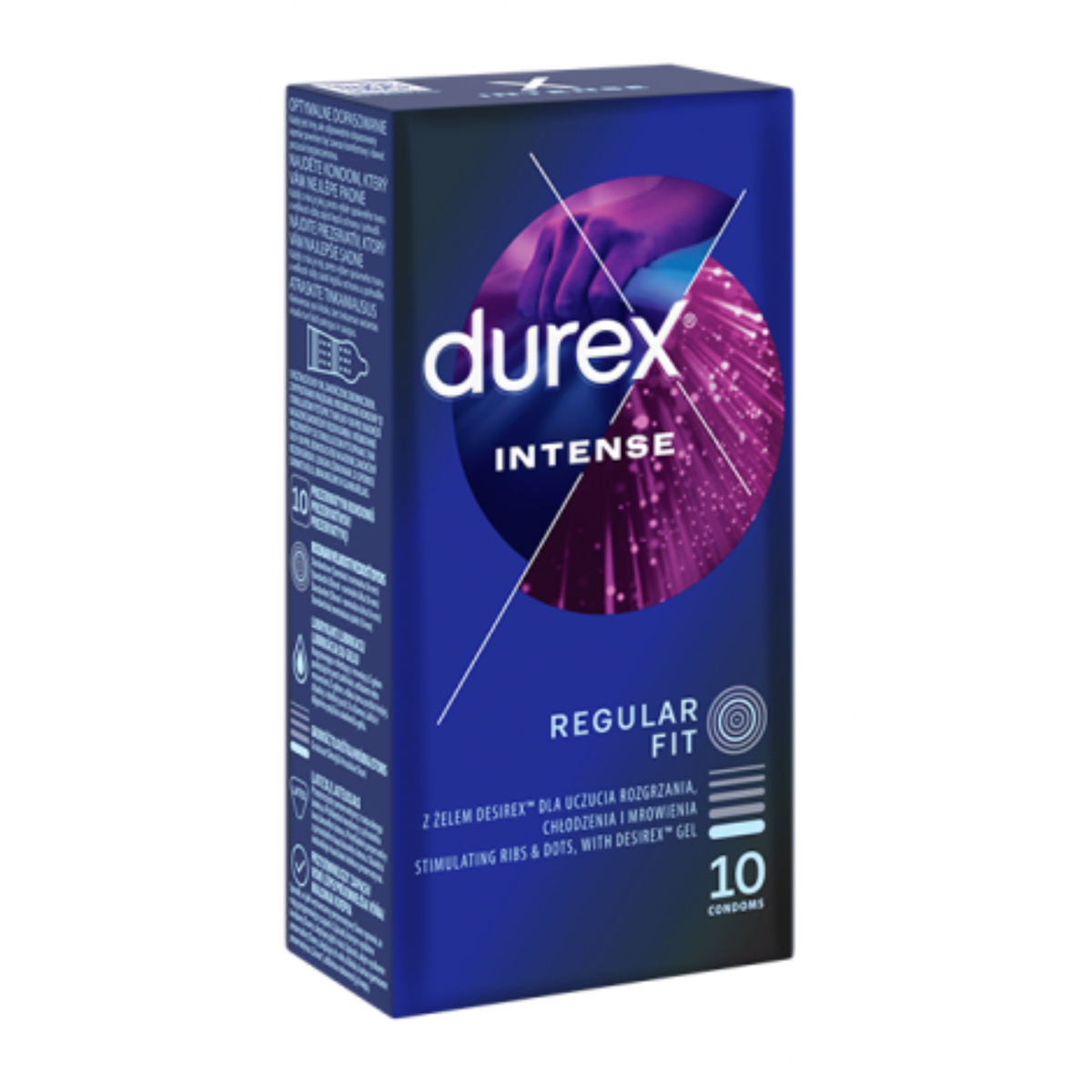 An image of a dark blue Durex Intense condom box. The front and side panels are visible, featuring a circular graphic with a purple-tinted silhouette of hands and pink light trails. The side panel contains technical information in multiple languages. The front text highlights "Regular Fit," "Stimulating Ribs & Dots," and "With Desirex™ Gel." The box contains 10 condoms. Hauptbild
