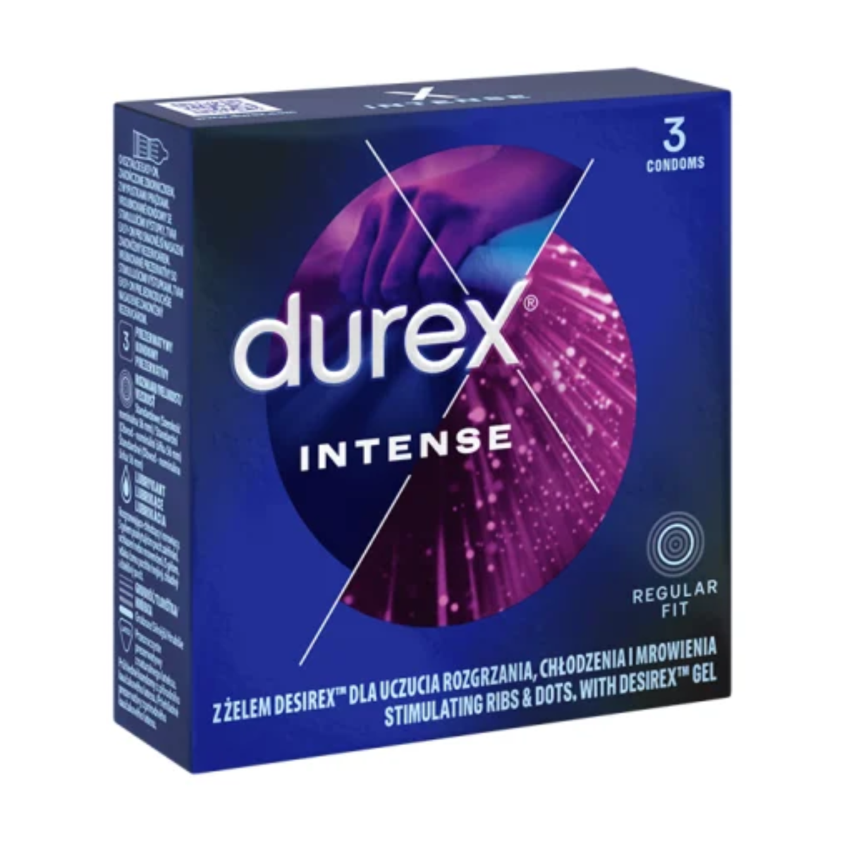 An image of a square dark blue Durex Intense condom box. The front and left side panels are visible, showing technical icons and product details in multiple languages (including Polish and Czech). The box design features a circular graphic with a purple-tinted silhouette of hands and pink light trails, with "Regular Fit" and "3 Condoms" noted on the front. Hauptbild