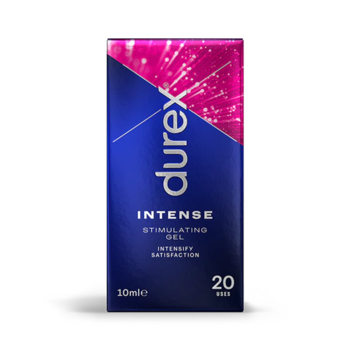 A close-up of the front of the Durex Intense Stimulating Gel box. The box is dark blue and black with a bright pink, sparkling graphic. The text reads: "durex", "INTENSE", "STIMULATING GEL", "INTENSIFY SATISFACTION", "10mle", and "20 USES". Hauptbild