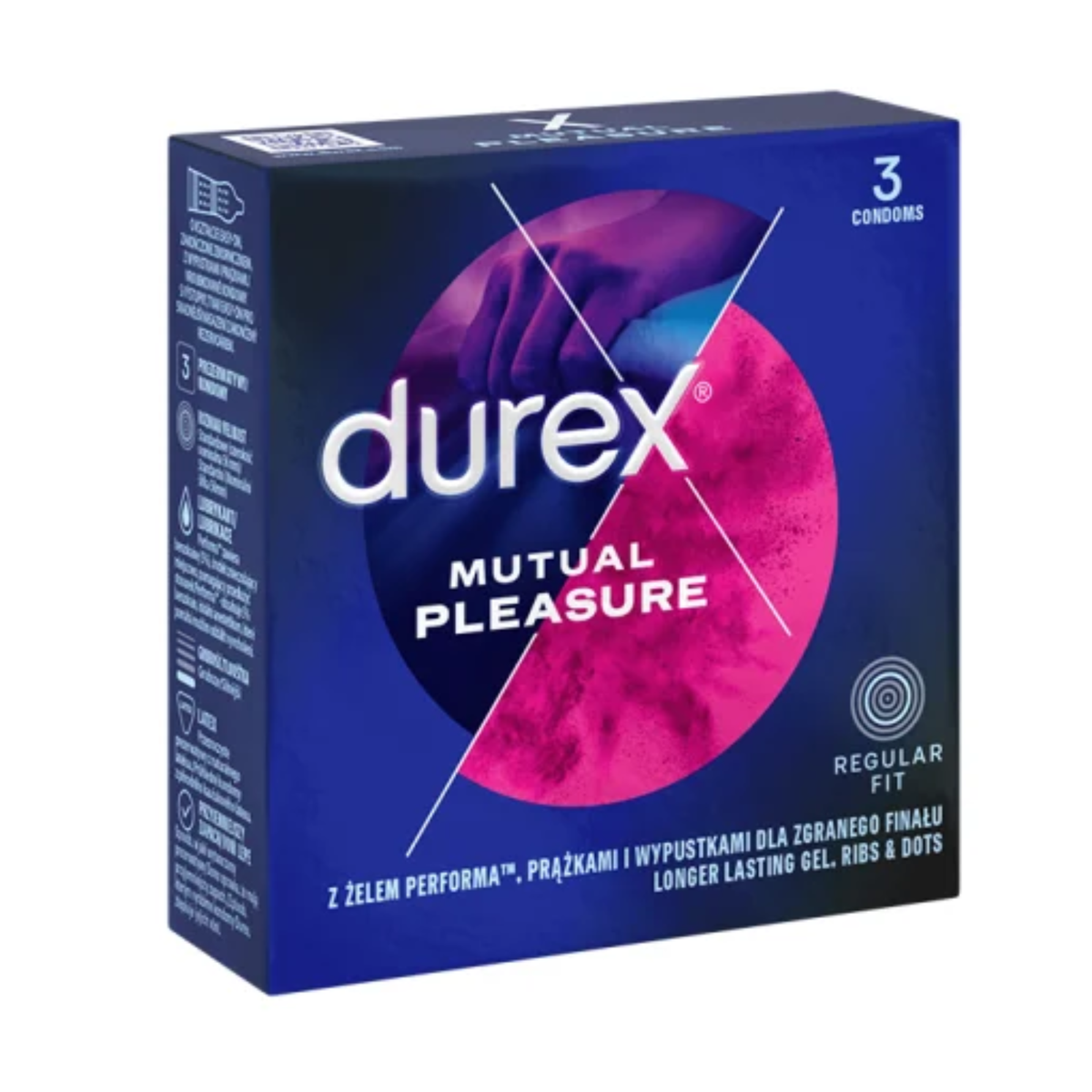 An image of the Durex Mutual Pleasure condom box. The dark blue packaging features a prominent pink and purple circular graphic with a silhouette of hands. The side panel displays technical icons and descriptions in multiple languages, including Polish. Hauptbild