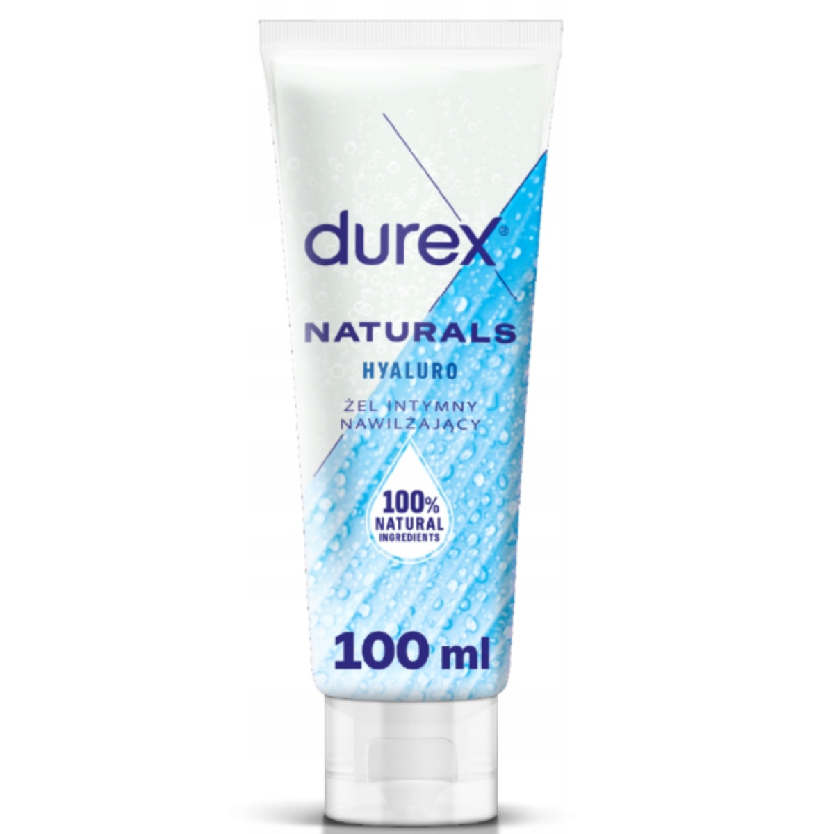 A front-facing image of the Durex Naturals Hyaluro 100ml tube. The packaging is white with a bright blue diagonal leaf graphic covered in water droplets and a '100% Natural Ingredients' seal. Hauptbild