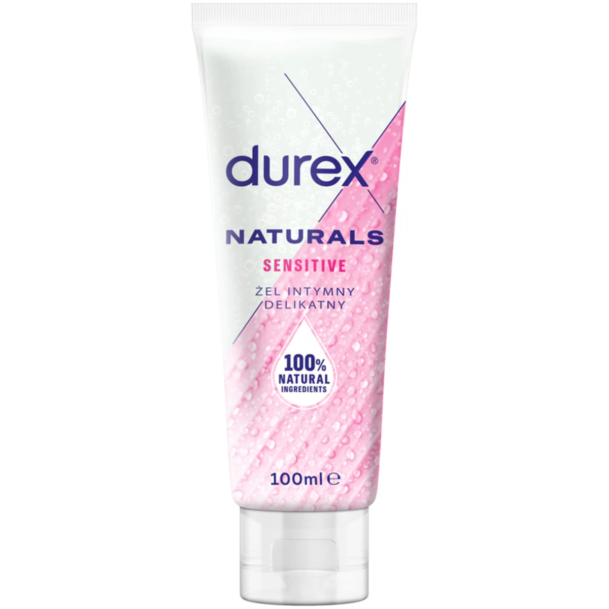 An image of a 100ml tube of Durex Naturals Sensitive. The white tube features a vibrant pink diagonal leaf pattern covered in water droplets and a '100% Natural Ingredients' seal. Hauptbild