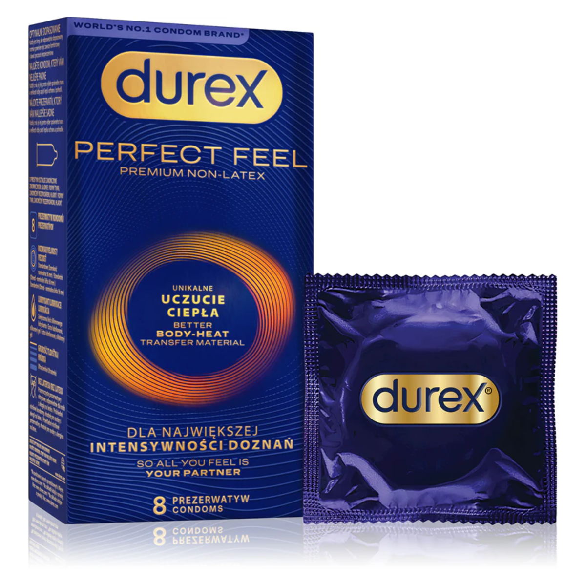 A dark blue Durex Perfect Feel "Premium Non-Latex" condom box standing next to a single purple foil wrapper. The packaging features gold accents and a glowing orange circular ripple design. The text includes the Durex logo in a gold pill shape and Polish phrases like "Unikalne Uczucie Ciepła" (Unique Feeling of Warmth). The bottom indicates it is an 8-pack. Hauptbild