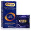 A dark blue Durex Perfect Feel "Premium Non-Latex" condom box standing next to a single purple foil wrapper. The packaging features gold accents and a glowing orange circular ripple design. The text includes the Durex logo in a gold pill shape and Polish phrases like "Unikalne Uczucie Ciepła" (Unique Feeling of Warmth). The bottom indicates it is an 8-pack.
