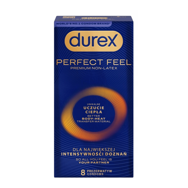 A direct front-facing view of the Durex Perfect Feel 8-pack box. The background is a deep blue with thin, concentric textured lines. In the center, a vibrant orange glowing ring highlights the text "Better Body-Heat Transfer Material." The words "PERFECT FEEL" and "PREMIUM NON-LATEX" are printed in gold capital letters above the central graphic.