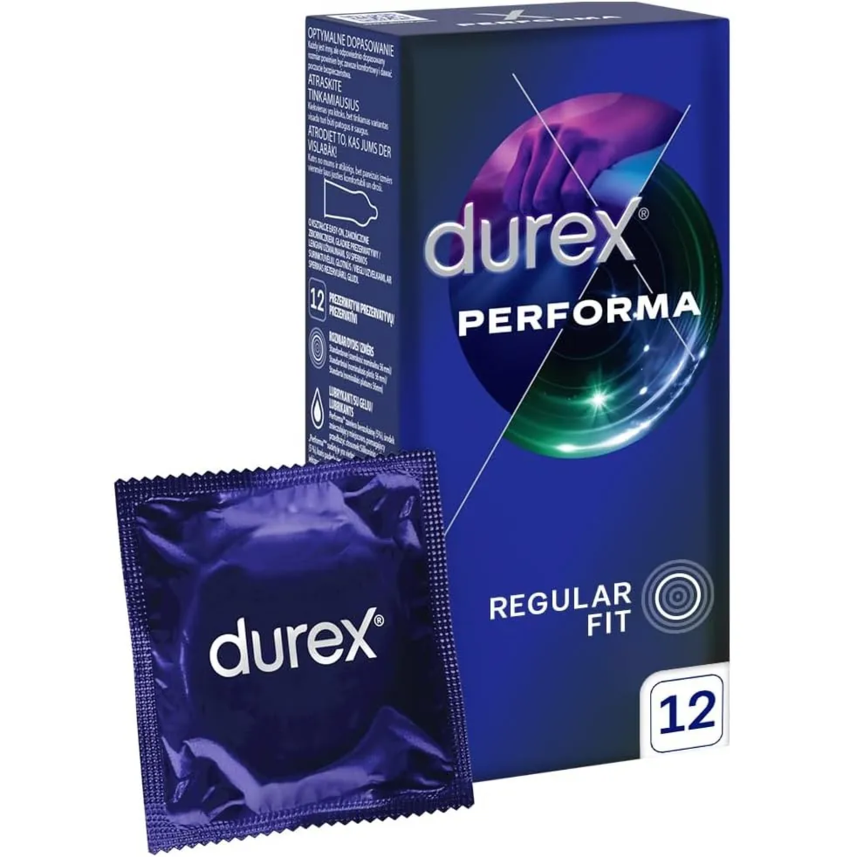 A product shot featuring a dark blue Durex Performa box alongside a single blue foil condom wrapper. The box displays a circular graphic with a purple-tinted silhouette of hands and green light streaks. Text on the side panel is in multiple languages, including Polish and Lithuanian, detailing the "Regular Fit" and "Nominal Width 56mm." The box indicates it contains 12 condoms.