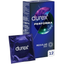 A product shot featuring a dark blue Durex Performa box alongside a single blue foil condom wrapper. The box displays a circular graphic with a purple-tinted silhouette of hands and green light streaks. Text on the side panel is in multiple languages, including Polish and Lithuanian, detailing the "Regular Fit" and "Nominal Width 56mm." The box indicates it contains 12 condoms.