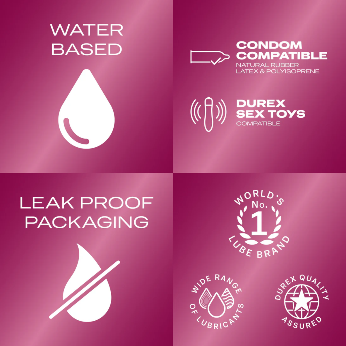A graphic highlighting four key product features on a dark pink/magenta background with white icons: "WATER BASED," "CONDOM COMPATIBLE Natural rubber latex & polyisoprene," "LEAK PROOF PACKAGING," and "WORLD'S No. 1 LUBE BRAND" with additional Durex quality assurances.