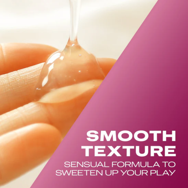 A close-up showing a thick stream of clear lubricant gel dripping onto a person's hand. A diagonal pink/magenta overlay features the text: "SMOOTH TEXTURE SENSUAL FORMULA TO SWEETEN UP YOUR PLAY."