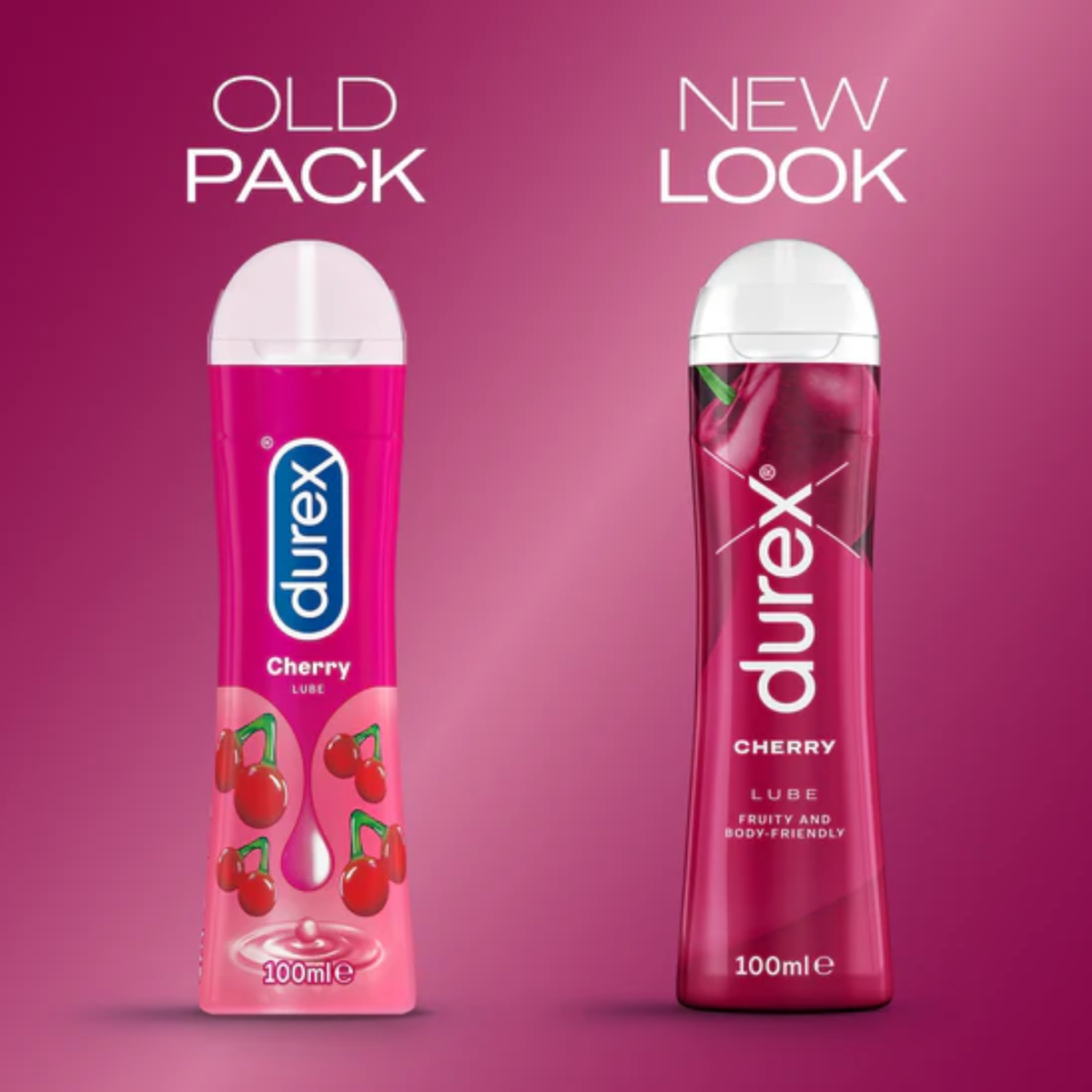 A comparison graphic showing the "OLD PACK" next to the "NEW LOOK" of Durex Play Cherry lube.