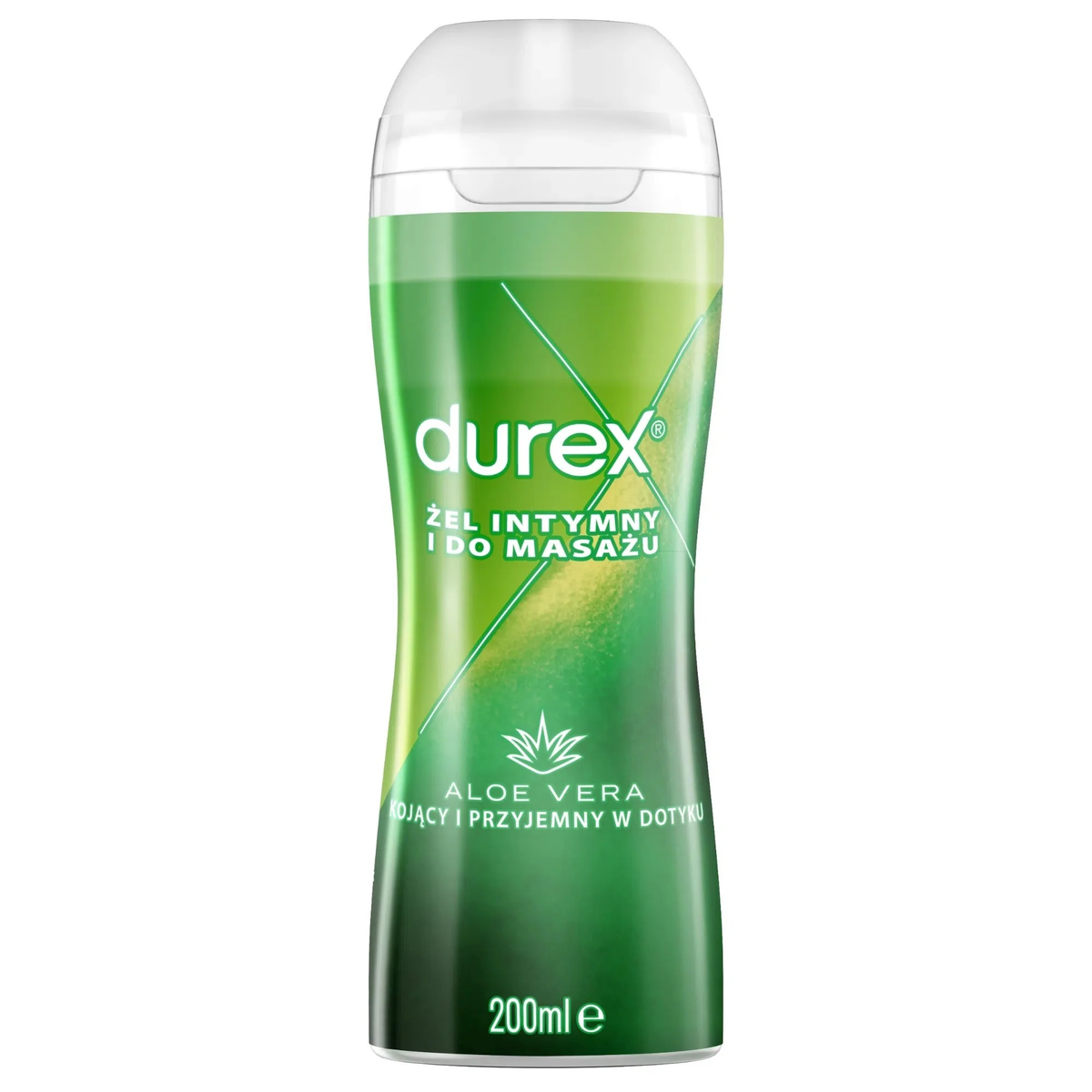 A front-facing image t of a 200ml bottle of Durex Massage Lube with Aloe Vera. The bottle has a curved, ergonomic design with a green and yellow gradient label featuring a graphic of an aloe vera leaf and Polish text describing it as a soothing intimate and massage gel. Hauptbild