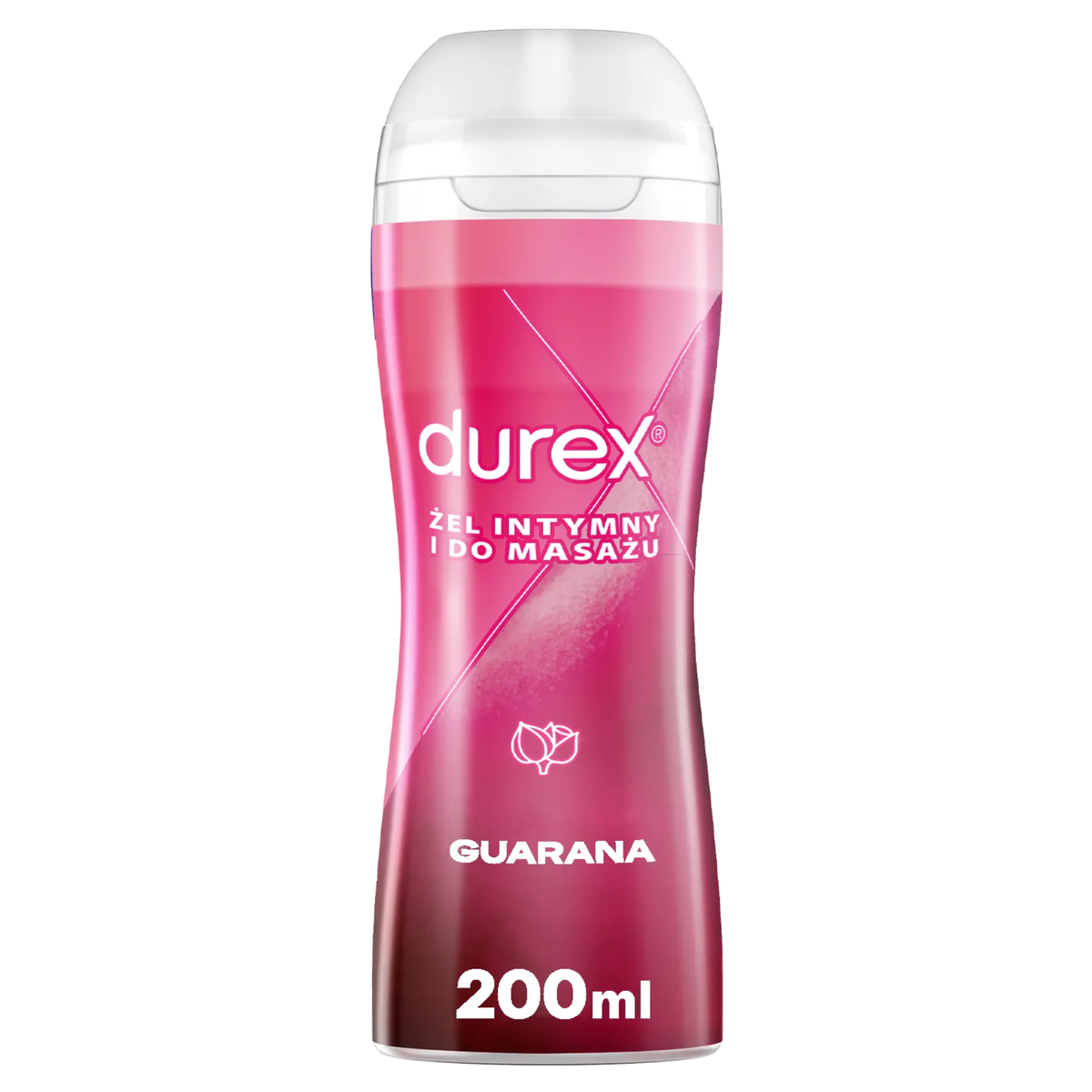 A bottle of Durex stimulating 2-in-1 lube with a Polish label, set against a white background. The bottle is a deep pink/magenta color with a white cap. The label includes the Durex logo, the Polish text "ŻEL INTYMNY I DO MASAŻU" (Intimate Gel and Massage), a guarana leaf icon, the word "GUARANA," and the volume "200ml." Hauptbild