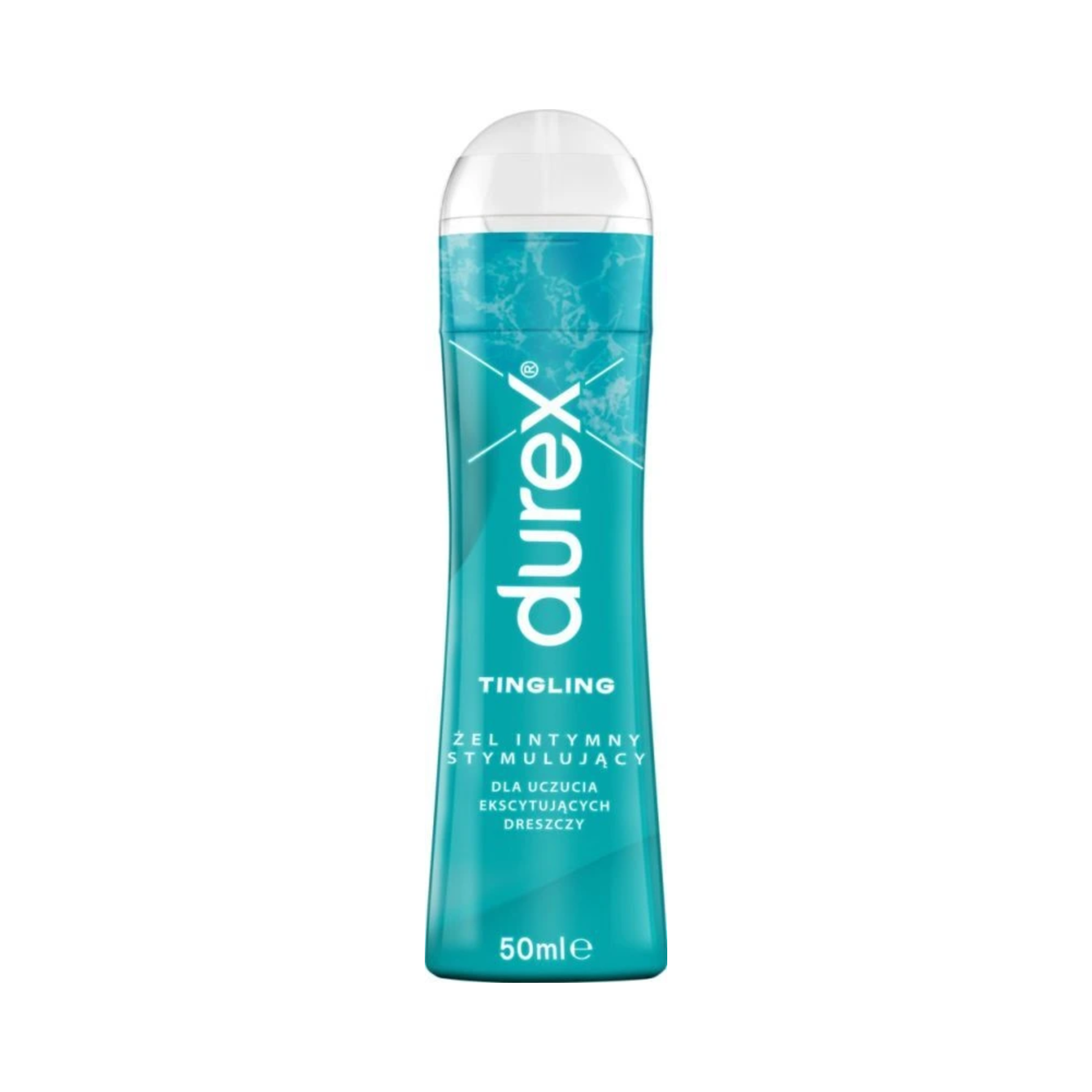 A clear product shot of a blue 50ml Durex Tingle Lube bottle on a white background, featuring the Durex logo and text in English and Polish. Hauptbild