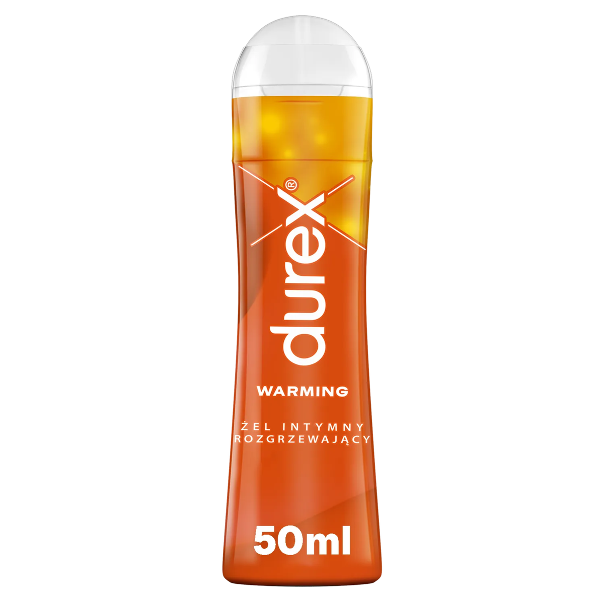 A single bottle of Durex Warming Lube with a Polish label. The bottle is orange and yellow, featuring the Durex logo and "WARMING," along with the Polish text "ŻEL INTYMNY ROZGRZEWAJĄCY" and a volume of "50ml" at the bottom. Hauptbild