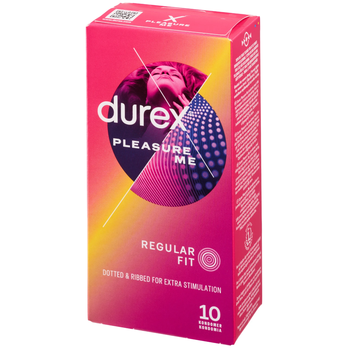 Angled side view of a pink and purple Durex Pleasure Me condom box.