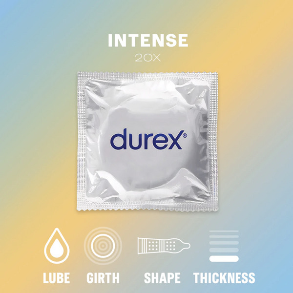 A single, shiny silver Durex condom wrapper is centered on a yellow and blue gradient background. The "durex" logo is in the middle of the wrapper, colored in dark blue. Above the wrapper, the word "INTENSE" is written in white text. Below the wrapper, four icons and corresponding labels are shown in white: a drop for "LUBE," a target-like symbol for "GIRTH," an outline of a condom with a dotted texture for "SHAPE," and four horizontal lines with the top one bolded for "THICKNESS." 