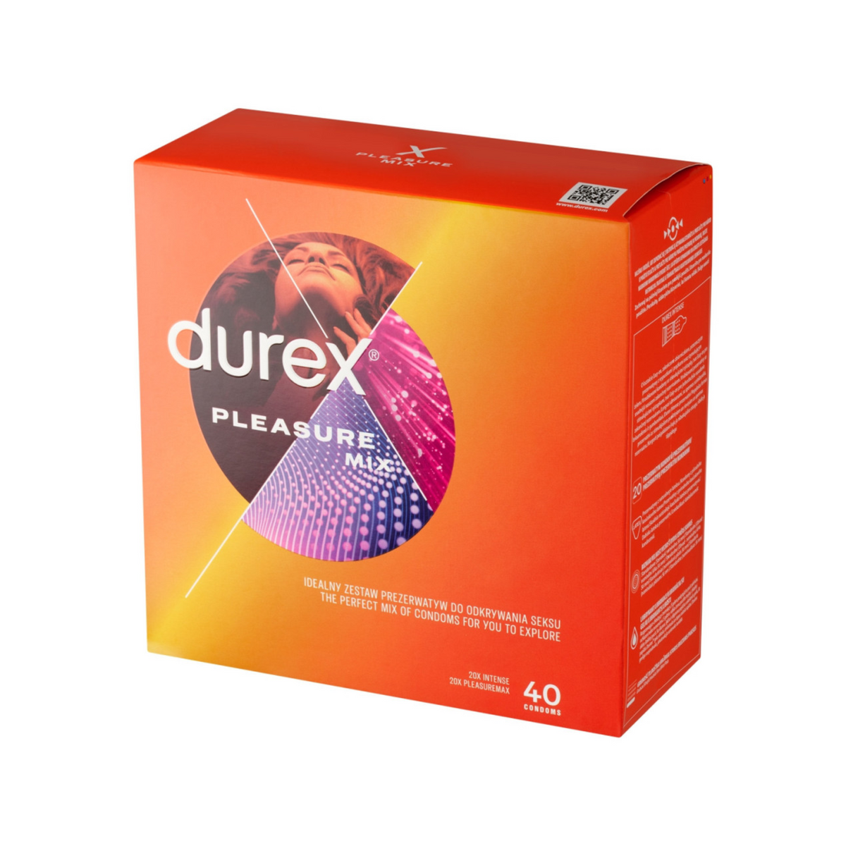 An image of Durex Pleasure Mix condom box against a white background. The box is a gradient orange color. The front features a large "durex" logo in white, with "PLEASURE MIX" underneath it in smaller letters. The bottom right corner of the box is labeled with a white circle indicating "40 Condoms". The side of the box lists "20x INTENSE" and "20x PLEASUREMAX."  Hauptbild
