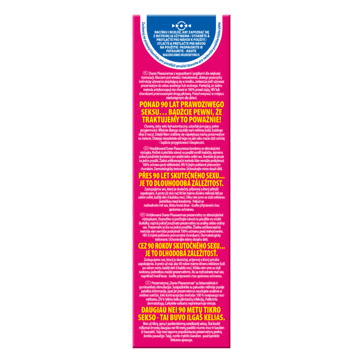 Side of the Durex Pleasuremax condom box with multilingual text providing product details and Durex's history of protection.