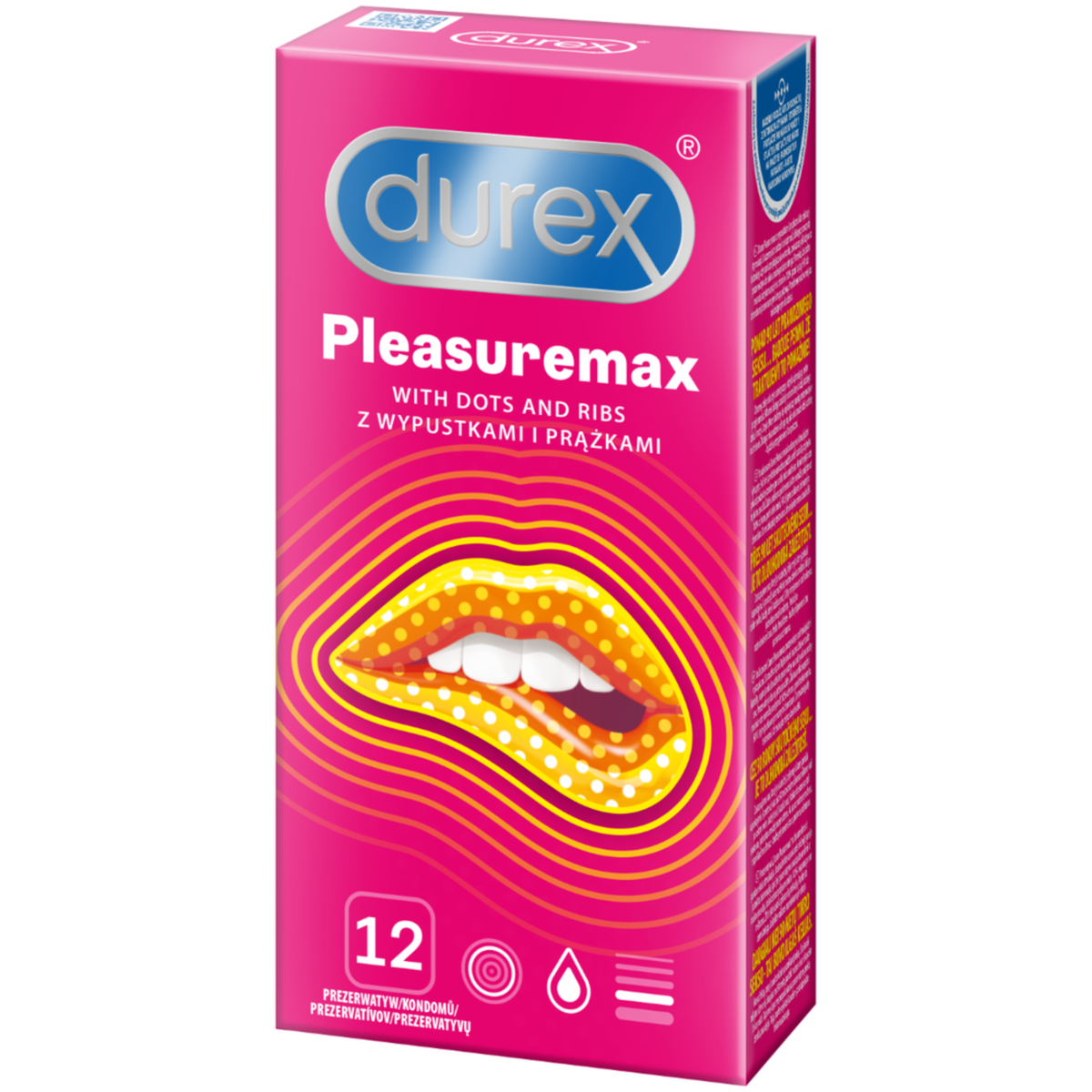 Angled image of a pink Durex Pleasuremax condom box for 12, labeled 'With dots and ribs,' showing a graphic of lips. Hauptbild