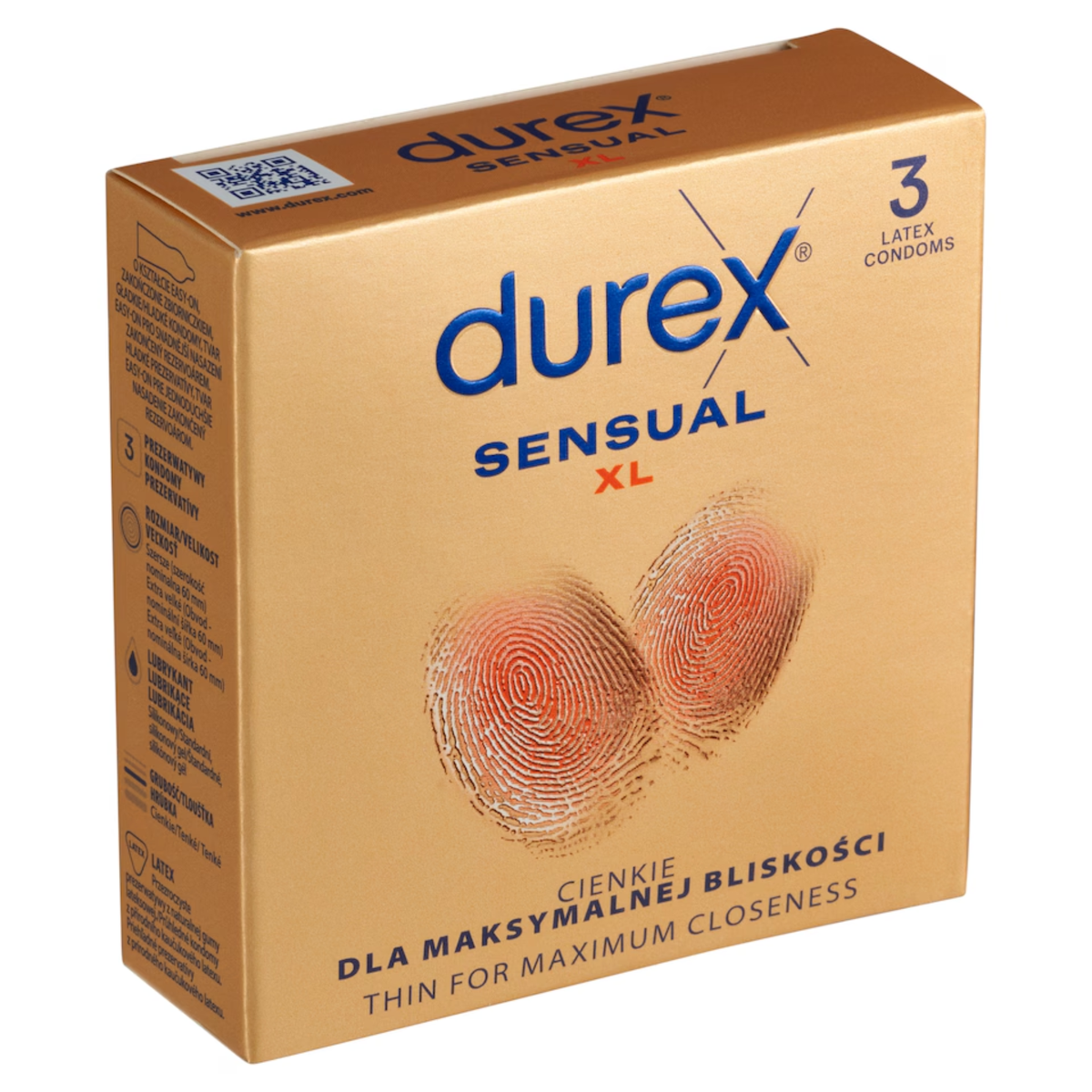 A close-up, angled shot of a gold-colored rectangular box of Durex Sensual XL condoms. The front of the box features the Durex logo in blue and the words "SENSUAL XL" in blue and red. Two stylized, orange-tinted fingerprint patterns overlap in the center.  Hauptbild