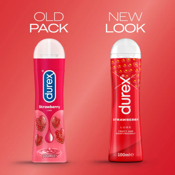 An image of old and updated Durex Strawberry Lube packaging 50ml