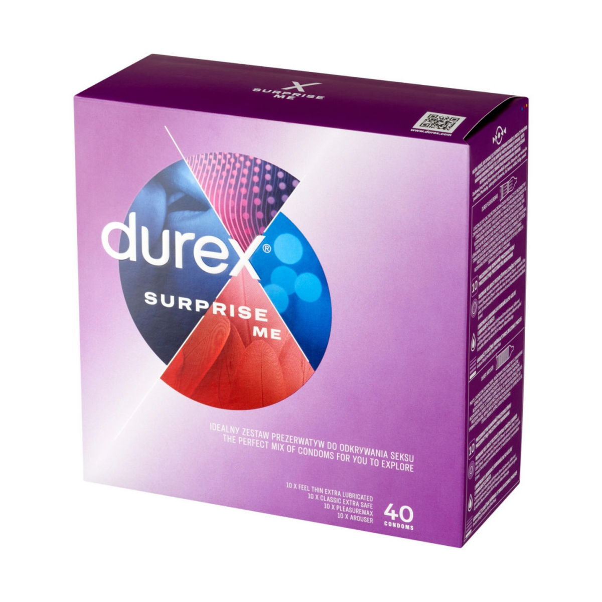 A Durex Surprise Me condom box is shown in the white background. The box is purple with the word "durex" at the top, and "SURPRISE ME". At the bottom of the box, text reads, "The perfect mix of condoms for you to explore," and lists four types of condoms. Hauptbild