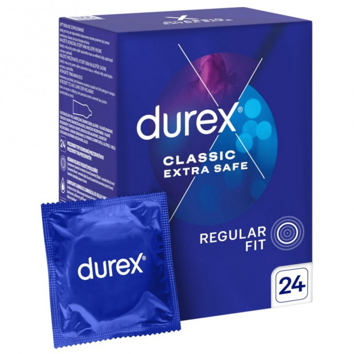 The front of a blue Durex Extra Safe condom box. It features a circular graphic of purple and blue light bokeh at the top. Text indicates "Regular Fit" and contains 24 condoms. Hauptbild