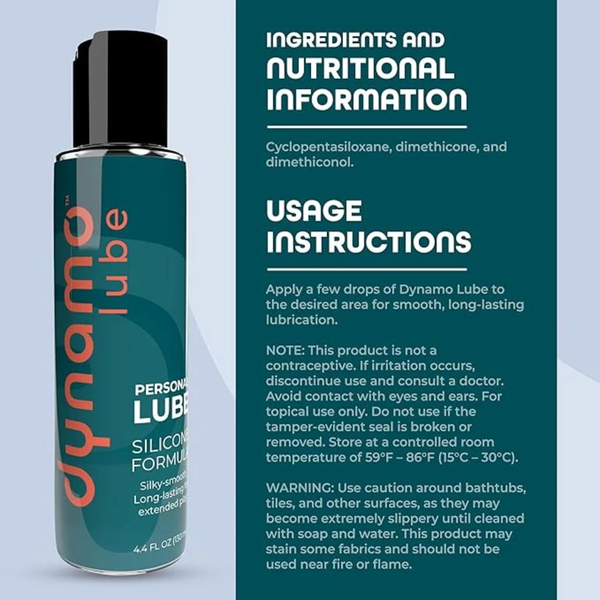 Informational product graphic showing the 4.4 fl oz bottle alongside listed silicone ingredients (Cyclopentasiloxane, Dimethicone, Dimethiconol), usage instructions, and safety warnings.