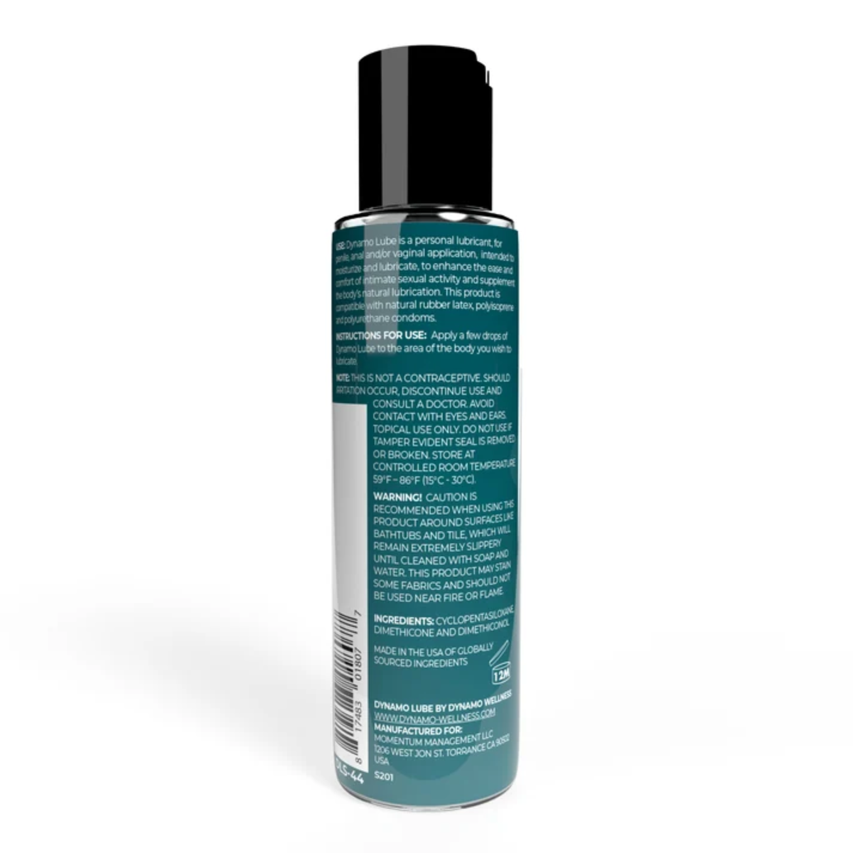 Rear bottle view displaying the full printed product label on the bottle, including directions for use, warnings, ingredients list, barcode, and manufacturer details.