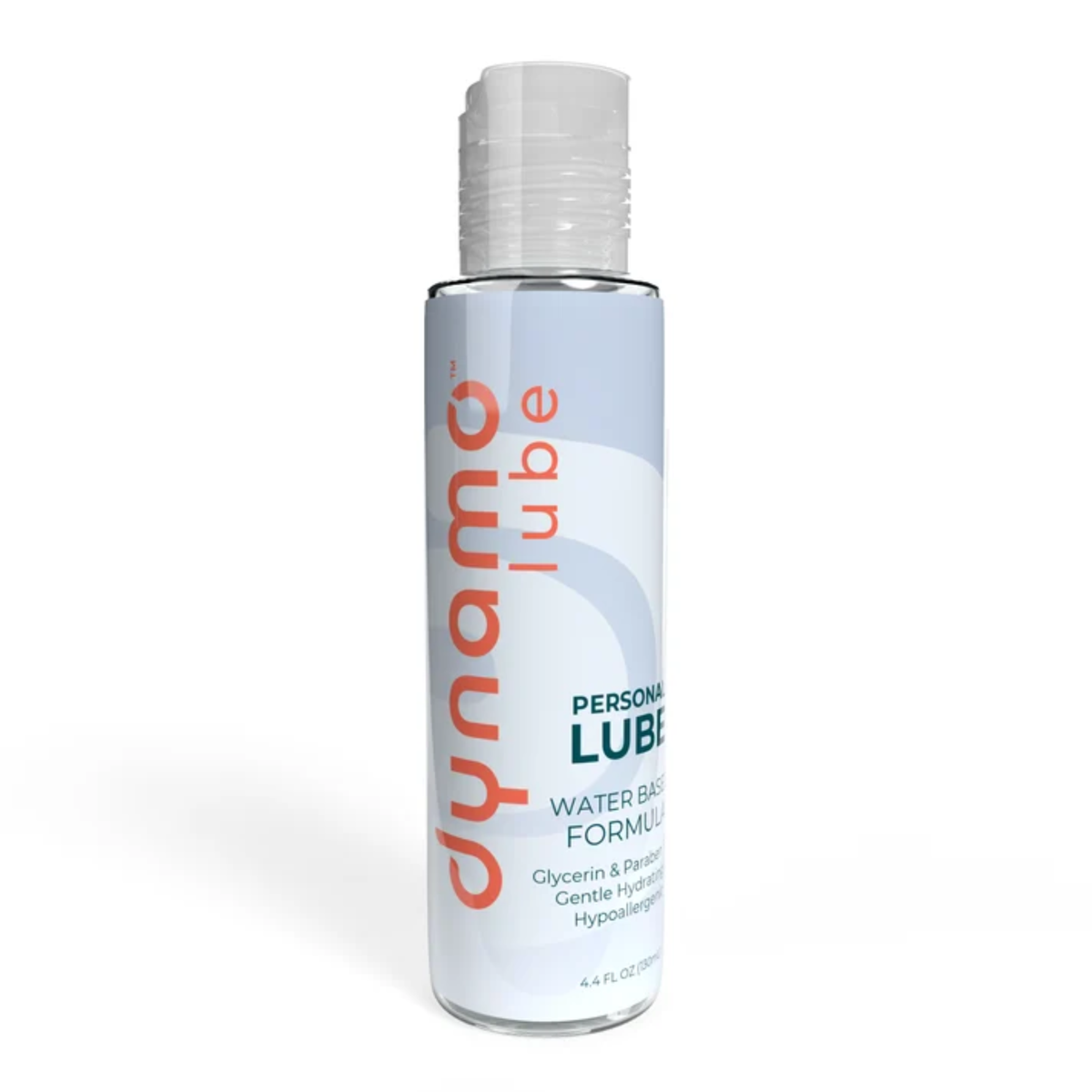 Direct studio shot of the larger 4.4 fl oz (130 ml) bottle of Dynamo Water Based Personal Lube with a clear cap and orange and teal branding. Hauptbild
