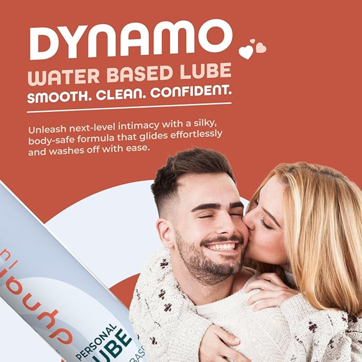 Promotional lifestyle graphic featuring the Dynamo Water Based Lube text and slogan ("Smooth. Clean. Confident.") alongside an image of a smiling couple kissing.