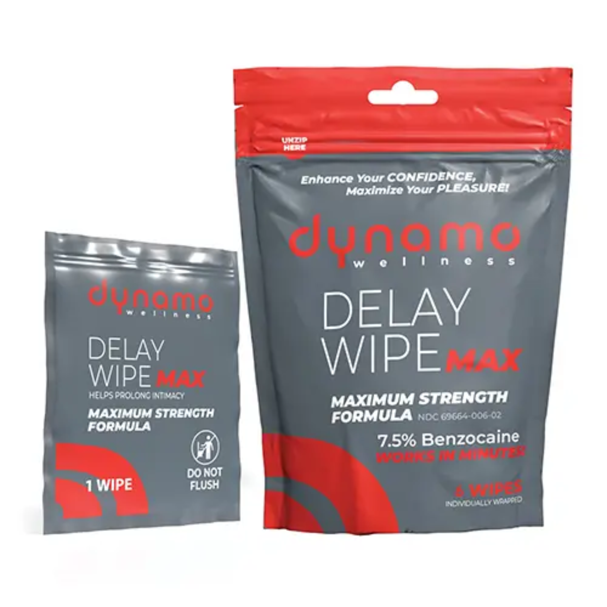Product set view showing a 6-count resealable pouch of Dynamo Wellness Delay Wipe Max next to an individually wrapped single wipe packet. Hauptbild