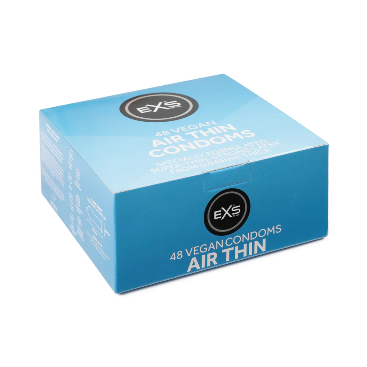 Studio product shot of a light blue bulk box of EXS 48 Vegan Air Thin Condoms sitting at a three-quarter angle against a white background. Hauptbild