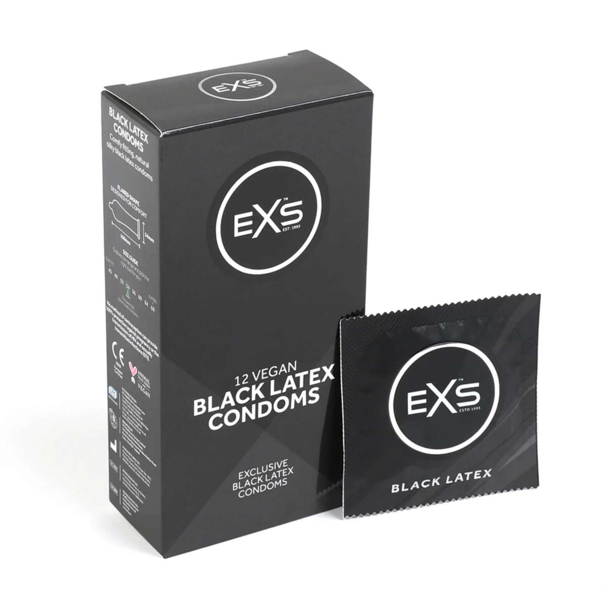 Studio product shot showing the black box of EXS 12 Vegan Black Latex Condoms standing next to a single sealed black foil wrapper on a white background.