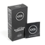 Studio product shot showing the black box of EXS 12 Vegan Black Latex Condoms standing next to a single sealed black foil wrapper on a white background.
