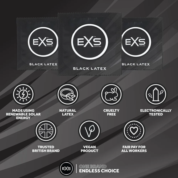 An infographic detailing product features above three black EXS condom foil wrappers. Feature icons highlight solar energy manufacturing, natural latex, cruelty-free certification, electronic testing, British branding, vegan formula, and fair pay practices.