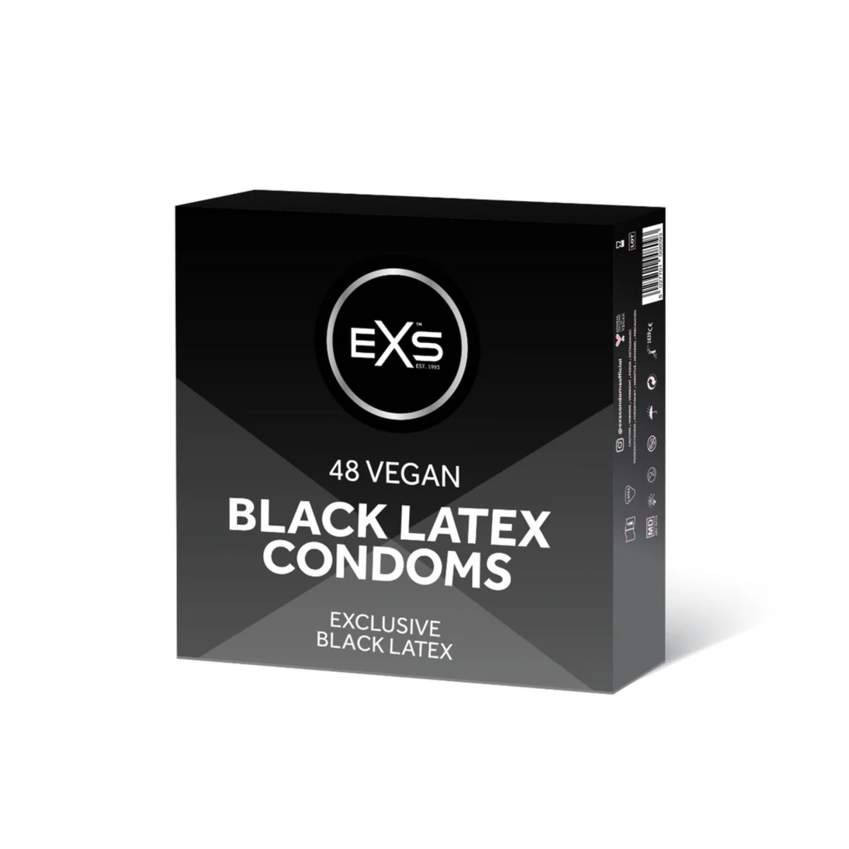 Studio product shot showing the dark gray bulk box of EXS 48 Vegan Black Latex Condoms standing at a three-quarter angle against a white background. Hauptbild