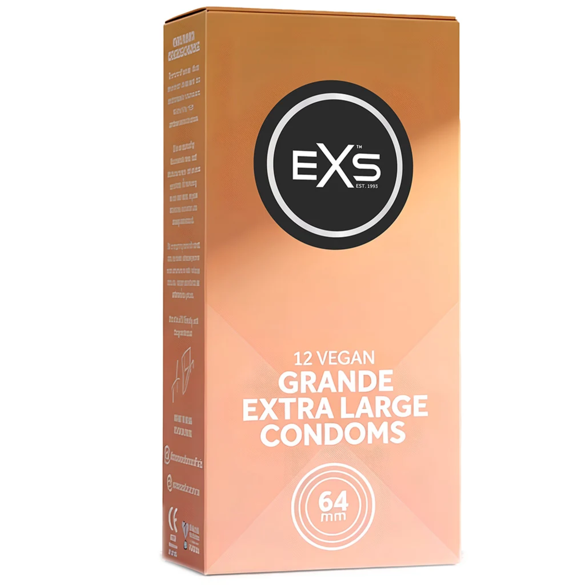Studio product photo of the peach-colored EXS 12 Vegan Grande Extra Large Condoms (64mm) box standing at an angle against a solid white background. Hauptbild