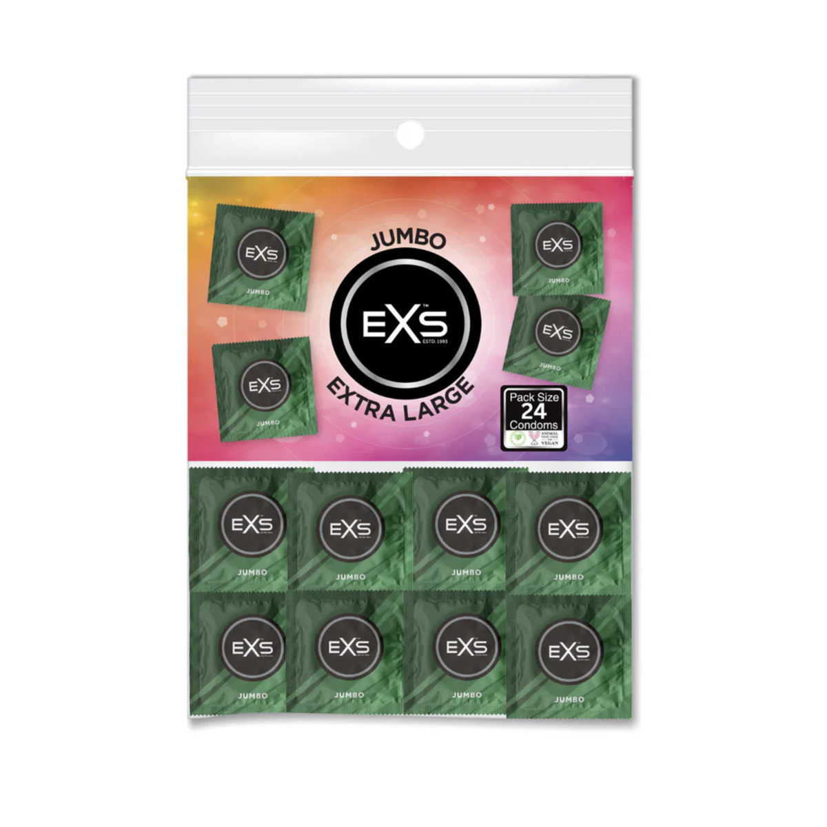 The retail packaging for the EXS Jumbo Extra Large condoms. It is a clear poly-bag containing 24 individually wrapped condoms. The header of the bag features a vibrant, colorful gradient background with the EXS logo in a large circle and a "Pack Size 24 Condoms" badge. Below the header, several green and black condom wrappers are visible, arranged in neat rows. Hauptbild