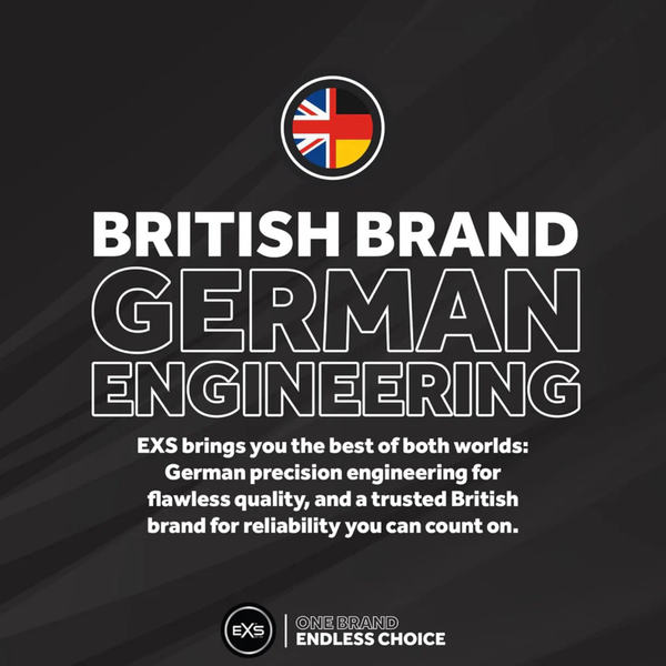 A graphic on a dark, textured background featuring an icon that combines the British Union Jack and the German flag. Large bold text reads "BRITISH BRAND, GERMAN ENGINEERING." The text below explains that EXS combines German precision engineering for quality with a trusted British brand for reliability.