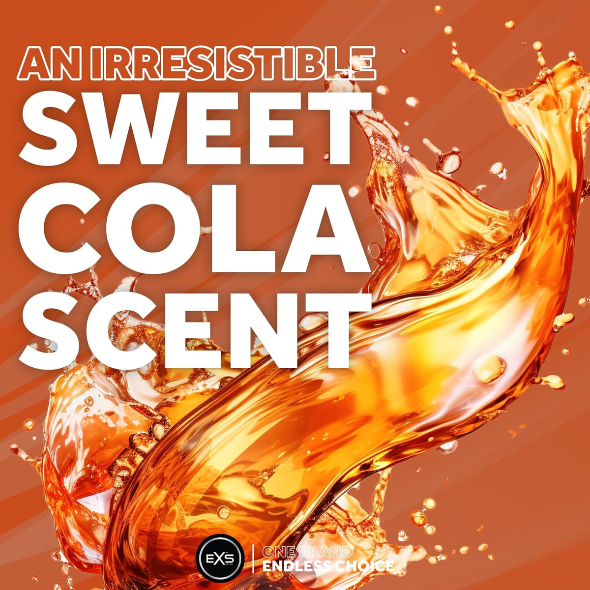 Promotional graphic featuring dynamic splashing cola liquid against a warm brown-orange background. Bold text overlay reads "AN IRRESISTIBLE SWEET COLA SCENT".