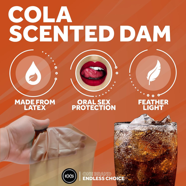 Product feature infographic set against a rust-orange background detailing the Cola Scented Dam. Three circular icons indicate latex construction, oral sex protection, and feather-light feel, alongside a hand holding a brown latex dam and a glass of iced cola.