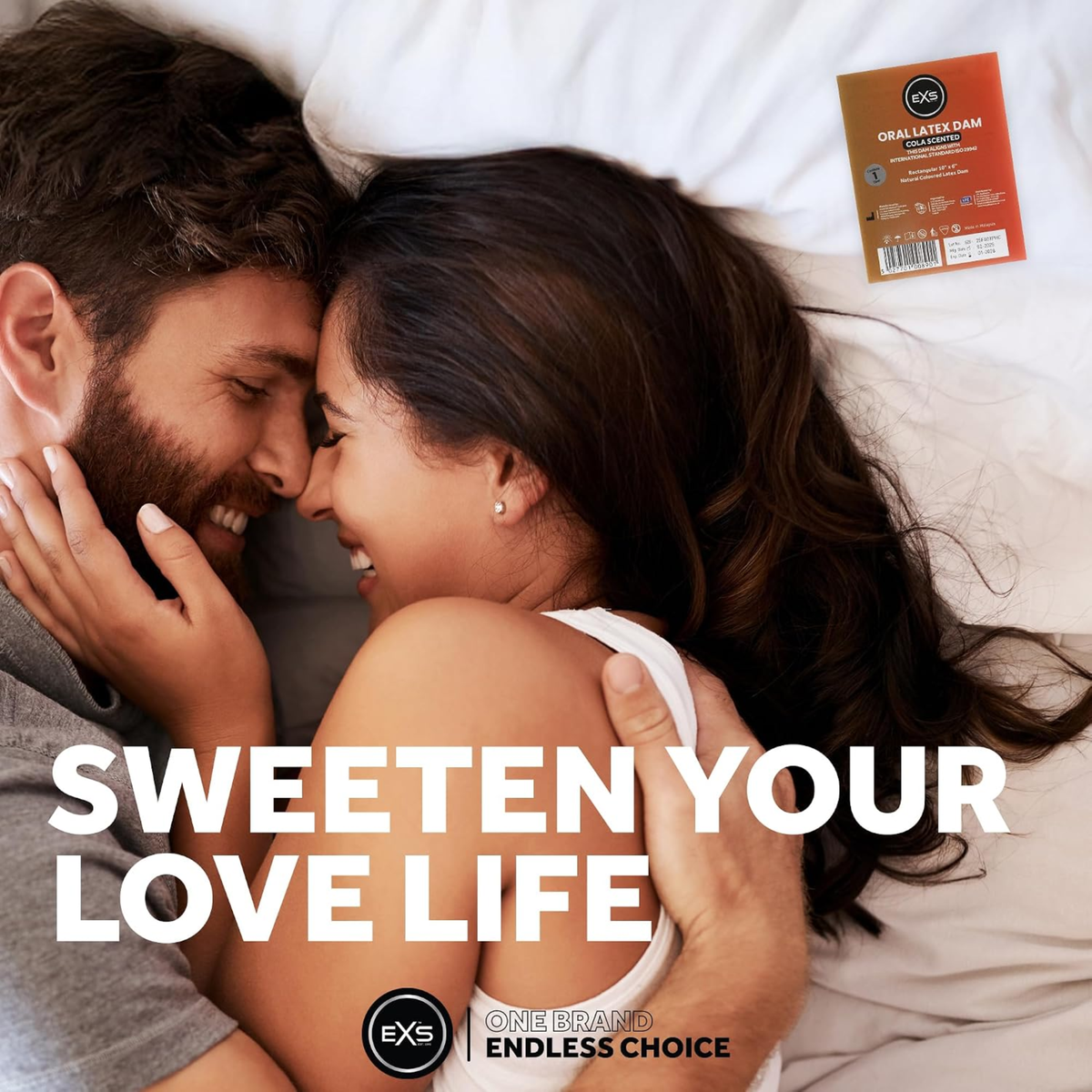 Lifestyle image of a smiling couple embracing closely in bed. Bold text overlay reads "SWEETEN YOUR LOVE LIFE," accompanied by a single-pack EXS Cola Scented Oral Latex Dam in the upper right corner.