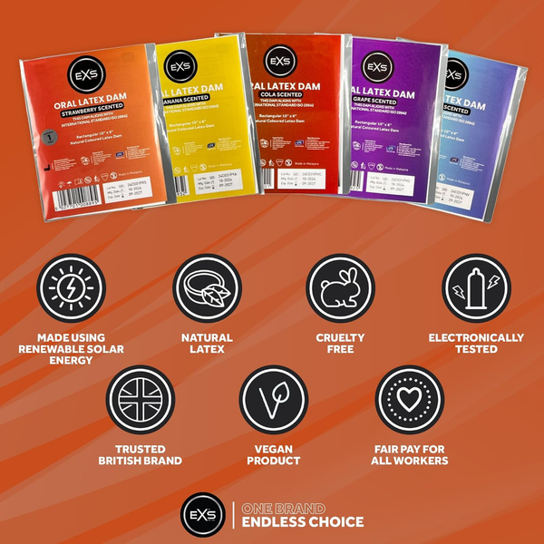 Infographic set against a rust-orange background featuring five EXS Oral Latex Dam varieties—Strawberry, Banana, Cola, Grape, and Vanilla—above seven brand value icons highlighting solar energy manufacturing, natural latex, cruelty-free certification, electronic testing, British branding, vegan formula, and fair pay.