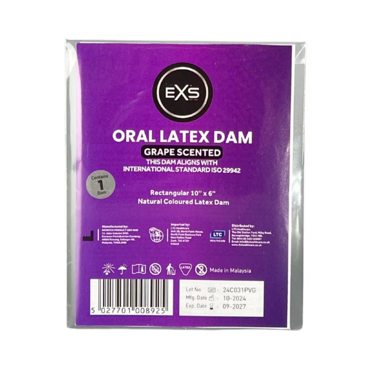 Front view of a single-pack purple EXS Grape Scented Oral Latex Dam in clear plastic packaging, featuring white product text, dimensions ($10\text{''}\times 6\text{''}$), safety icons, and a barcode at the bottom.