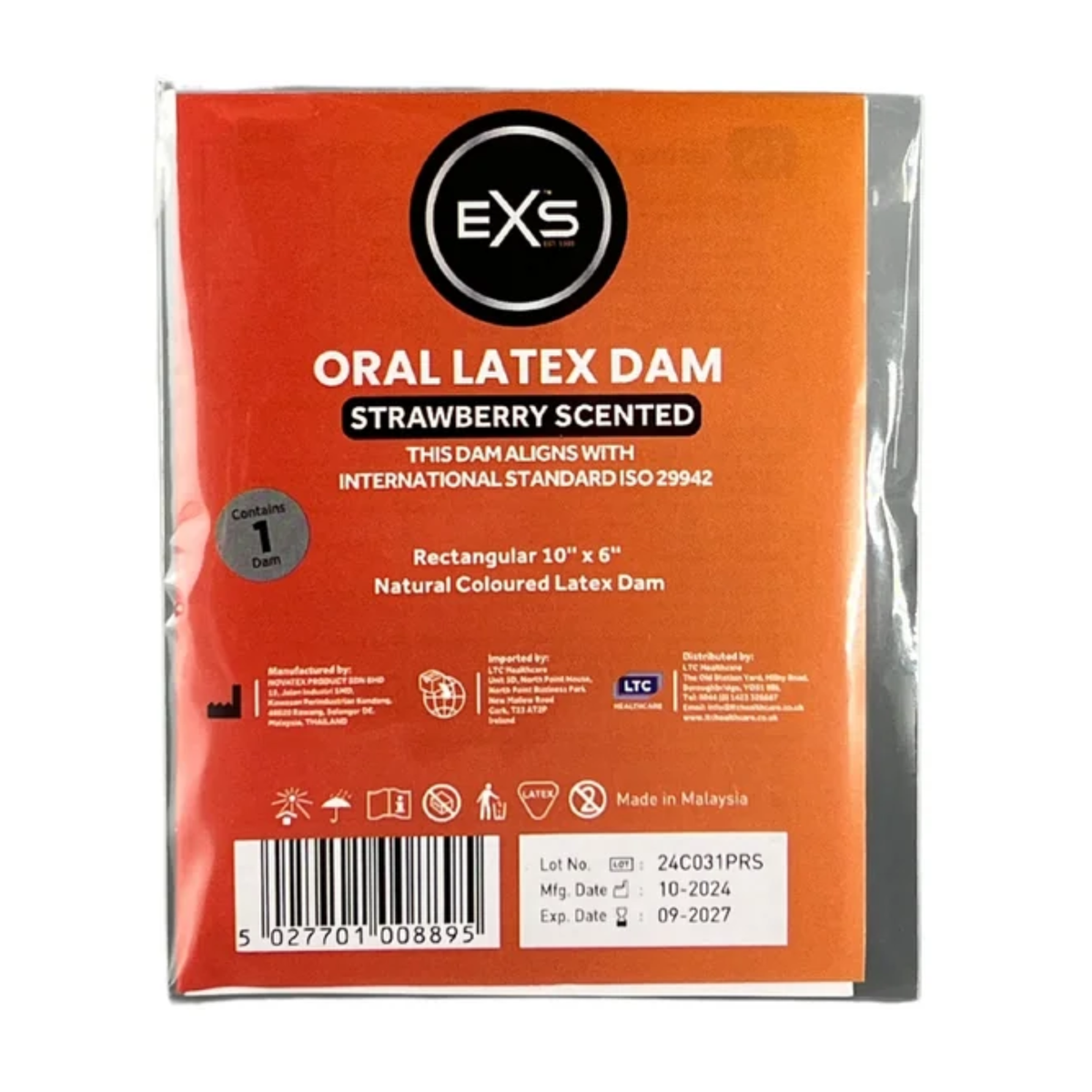 Front view of a single-pack red and orange EXS Strawberry Scented Oral Latex Dam in clear plastic packaging, featuring white product text, dimensions (10" x 6"), safety icons, and a barcode at the bottom. Hauptbild